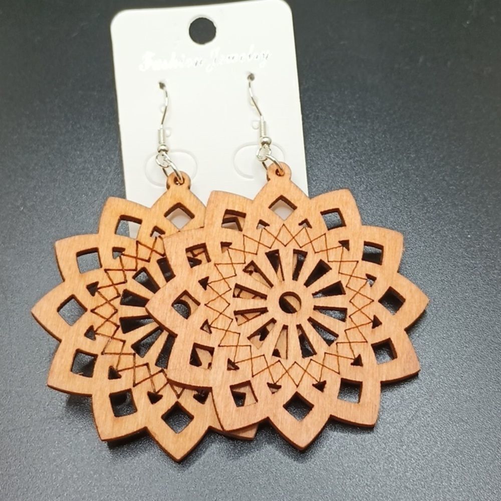 BOHO wood carved mandala earrings